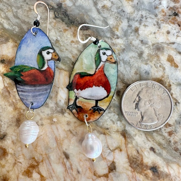 African pygmy geese handpainted earrings sterling birds goose ducks OOAK - Picture 5 of 6